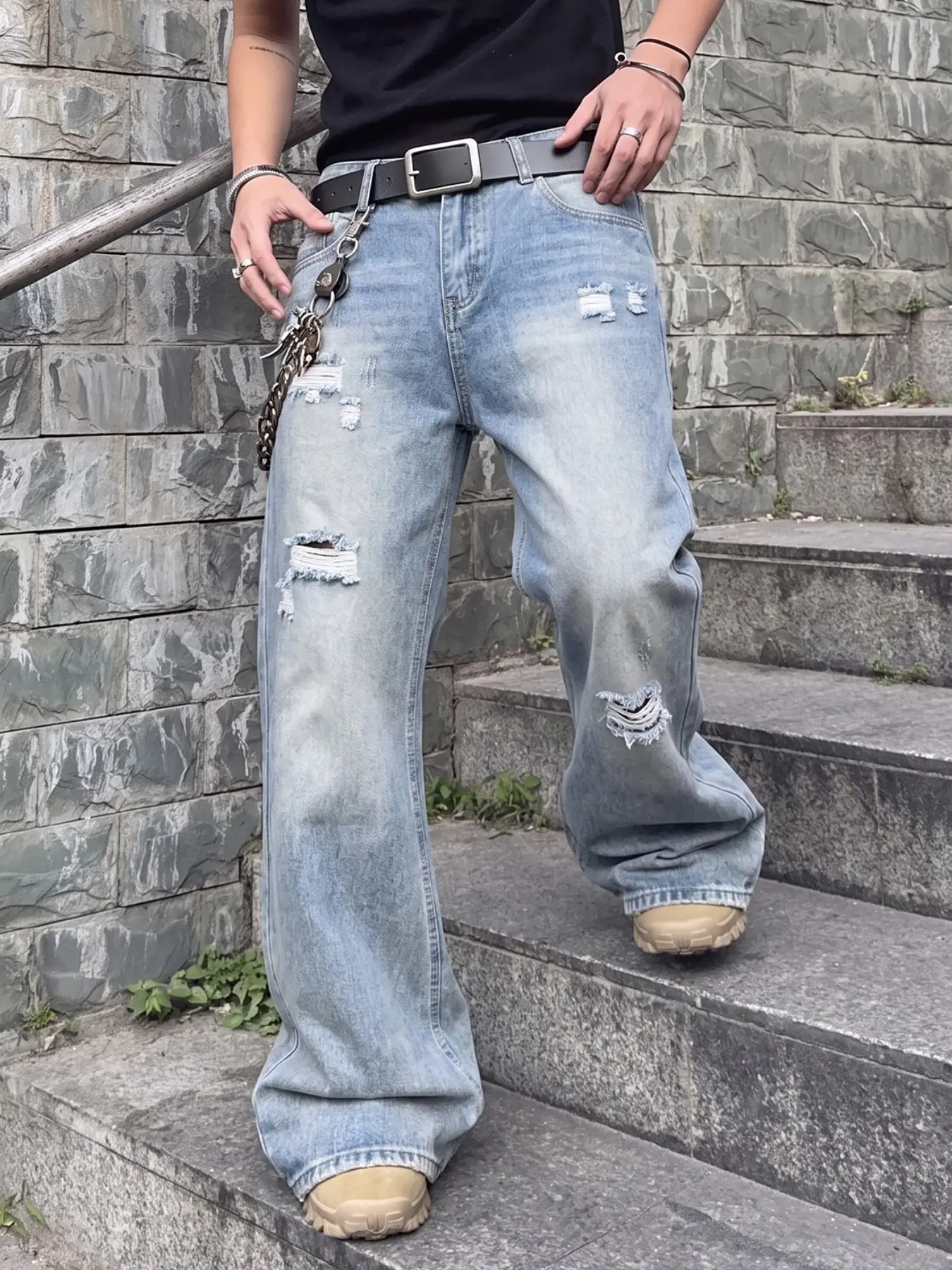 Men's Y2K Vintage Light Blue Distressed Ripped Denim Jeans, Multi-Position Patchwork Streetwear Aesthetic, Slim-Fit All-Seasons Fashion Pants