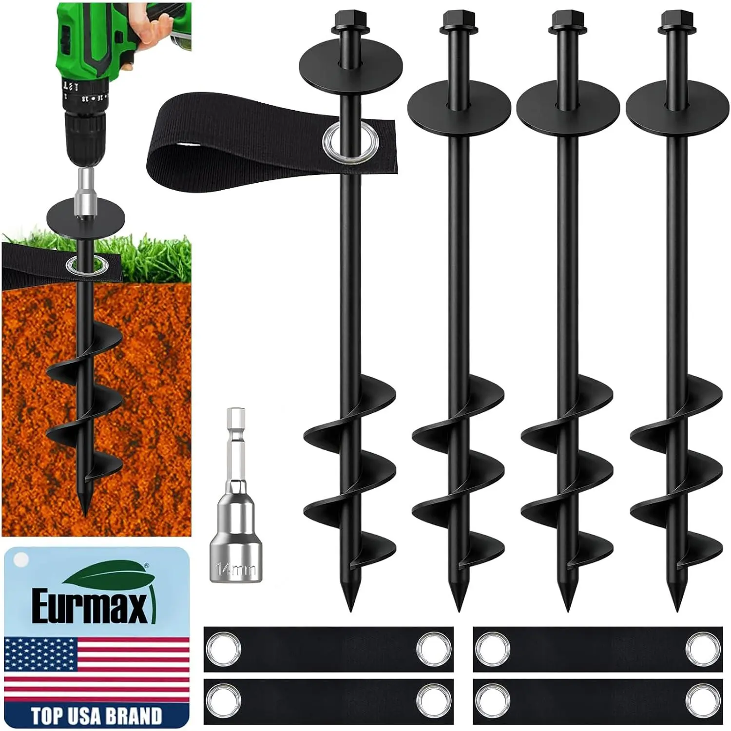 USA 4 Pack Ground High Wind, Duty Screw-in Trampoline Stakes with 4 Straps, Kit for Sheds, Swing Sets & Mobile Homes (Black)