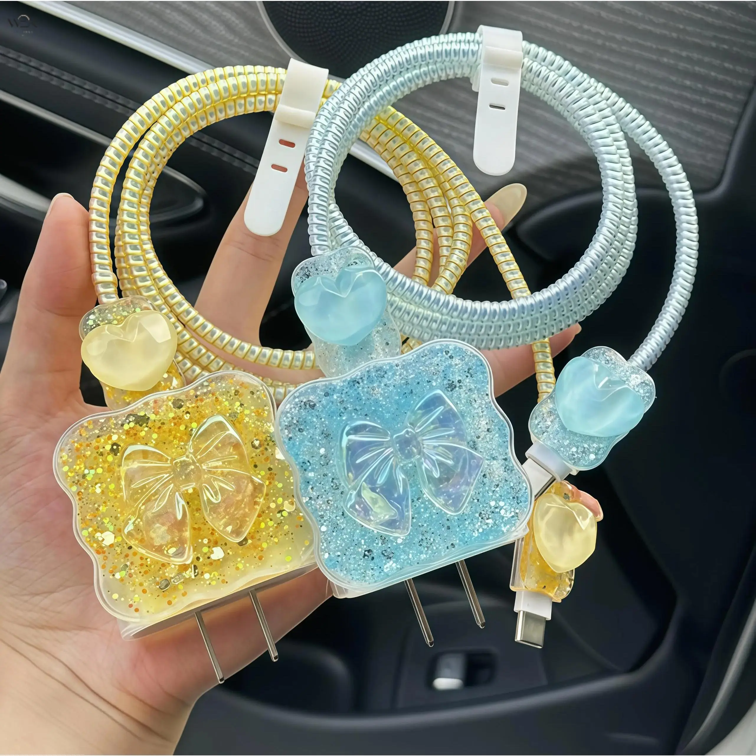Cute Quicksand Glitter Bow Charger Protector Set, No Charger & Cable Included, Full Wrap Spiral Cord Sleeve with Heart Pendant, Anti-Break USB Plug Cover, 6 SKU Options Pink White Blue Yellow Single & Two-Color Combo, Kawaii Pastel Phone Charger Decor Acc