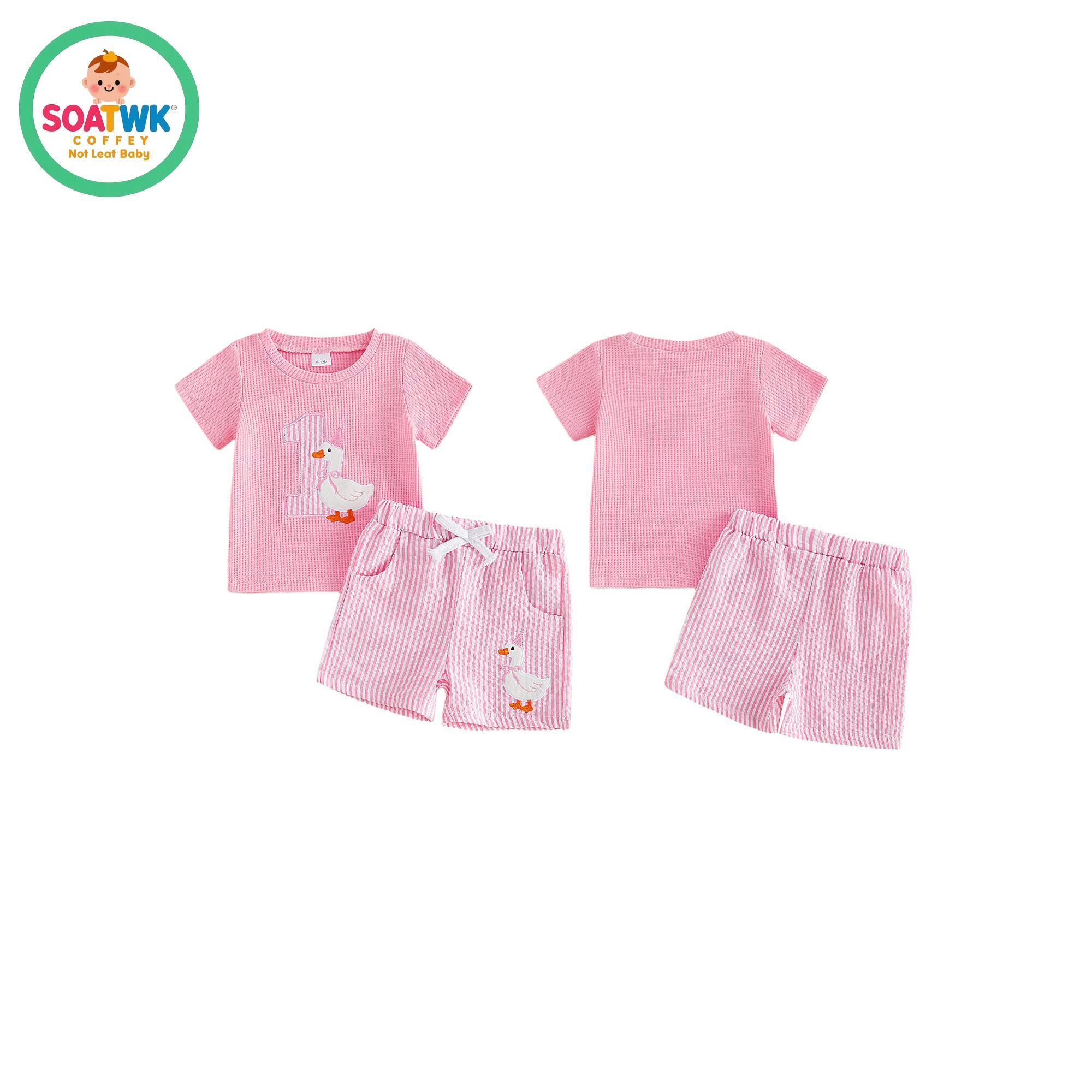 Baby Girls Birthday Outfit, Short Sleeve Embroidery Duck T-shirt with Striped Shorts Summer 2-piece Outfit