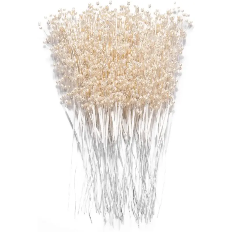 Ivory Stringed Pearl Stick Stem Bouquets - 60-Piece Bulk Pack, 4mm Bead Garland, Beaded Spray Filler for Wedding, Home Table Vase Floral Decor