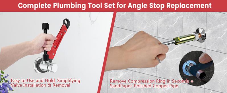 6 Pcs Plumbing Tools Kit with Angle Stop Wrench & 1/2-Inch Compression Sleeve Puller, Professional Plumbers Wrench, Sandpaper and Storage Bag for Frozen/Corroded Angle Stop