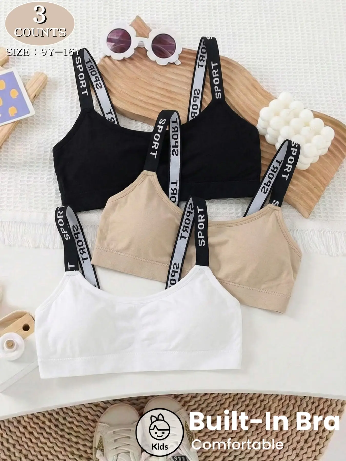 Girls' Sports Bra with Pads, Comfortable Breathable Teenage Underwear, Teen Bras, Casual Plain Tank Top, All Seasons Wear, Ages 9-16