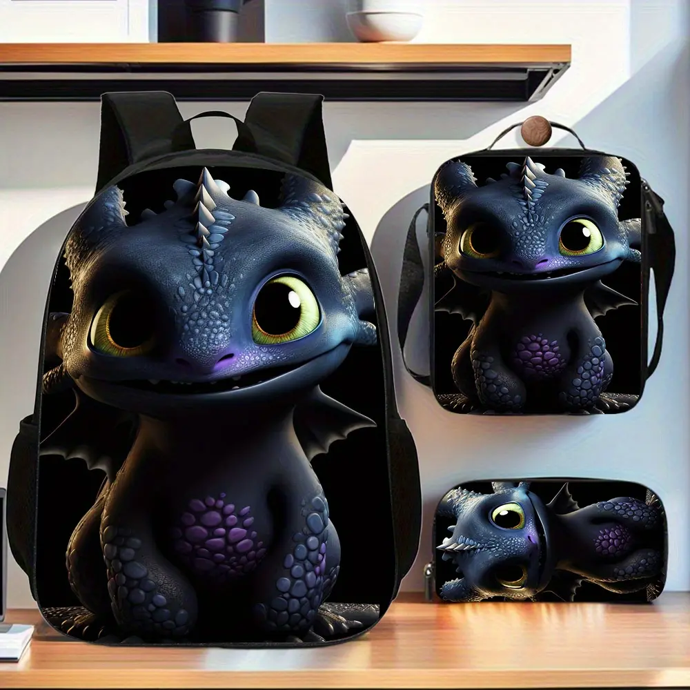 Cute Toothless Dragon Print 3PCS Backpack Set, How to Train Your Dragon Style School Backpack with Lunch Box & Pencil Case, Lightweight Durable Daypack for Kids Teens, Ideal Gift for Dragon Fans