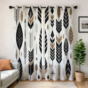 1 Pair Digital Print Semi-Blackout Pair Curtain,Business style geometric leaf print, 250gsm Semi-sheer Punch Hole Polyester Curtain, Clear Print, Home Hotel Birthday Holiday Gift
