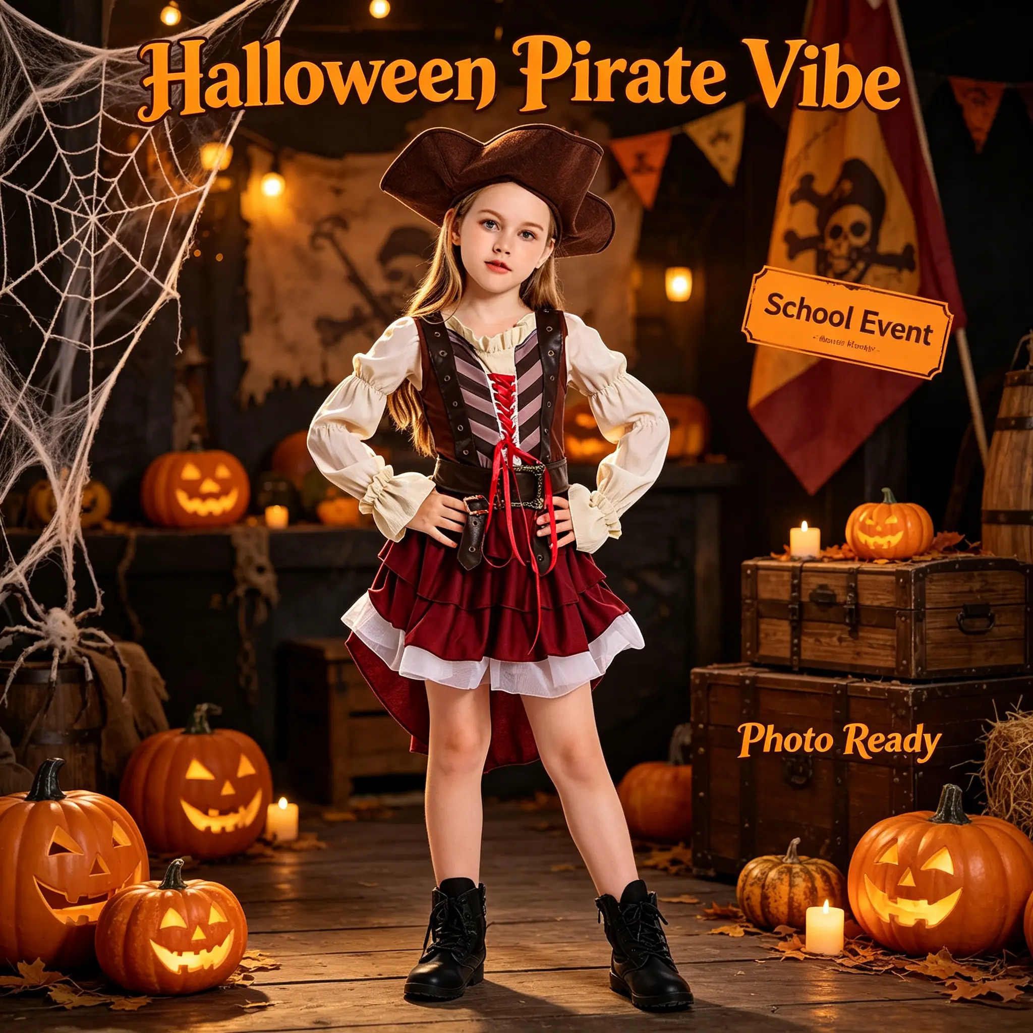 Girls Pirate Costume, Somali Pirate Buccaneer Outfit with Hat, Waist Pouch & Boots, Kids Halloween Party Cosplay
