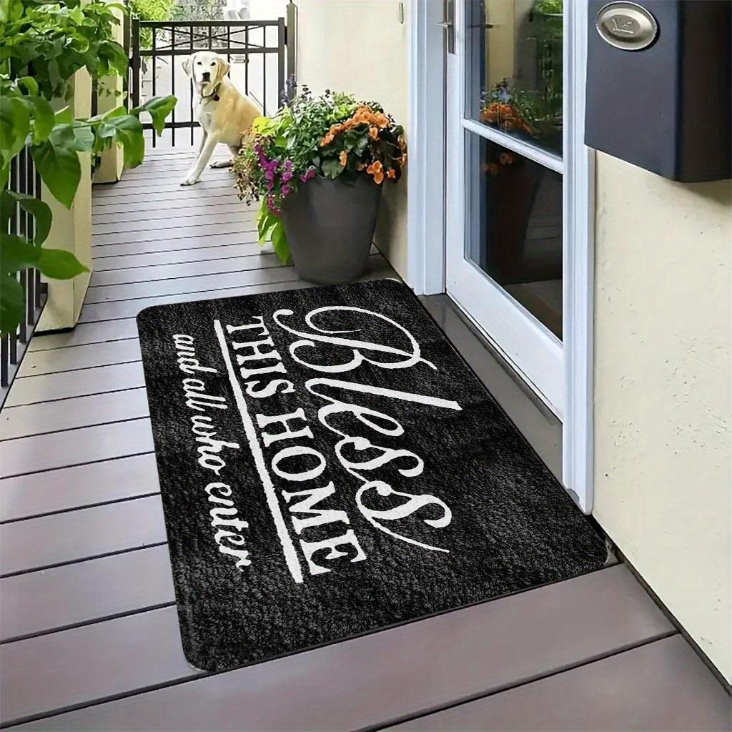 "Bless This Home & All Who Enter" Non-Slip Door Mat - Machine-Washable Indoor/Outdoor Mat with PVC Backing, Black & White Holiday Design for Entryway, Living Room, Bedroom, Kitchen, Entryway Decor, Elegant Script Style, Durable Floor Covering