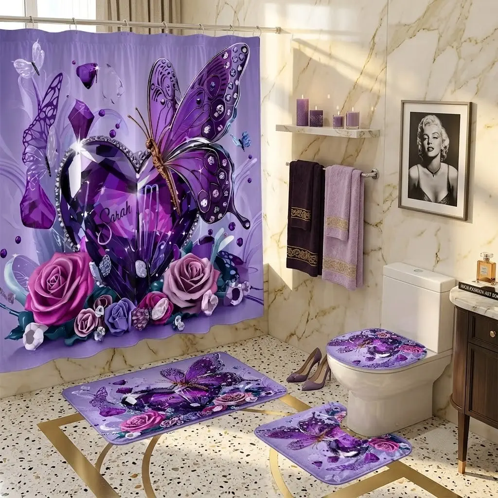 4pcs Amethyst Heart Butterfly Rose Rhinestone Decorative Printed Shower Curtain Set, with Toilet Lid Cover and Matching Bath Mat, the bath mat fabric is thicker and softer! Luxurious and charming bathroom decor Shower Curtain Floral