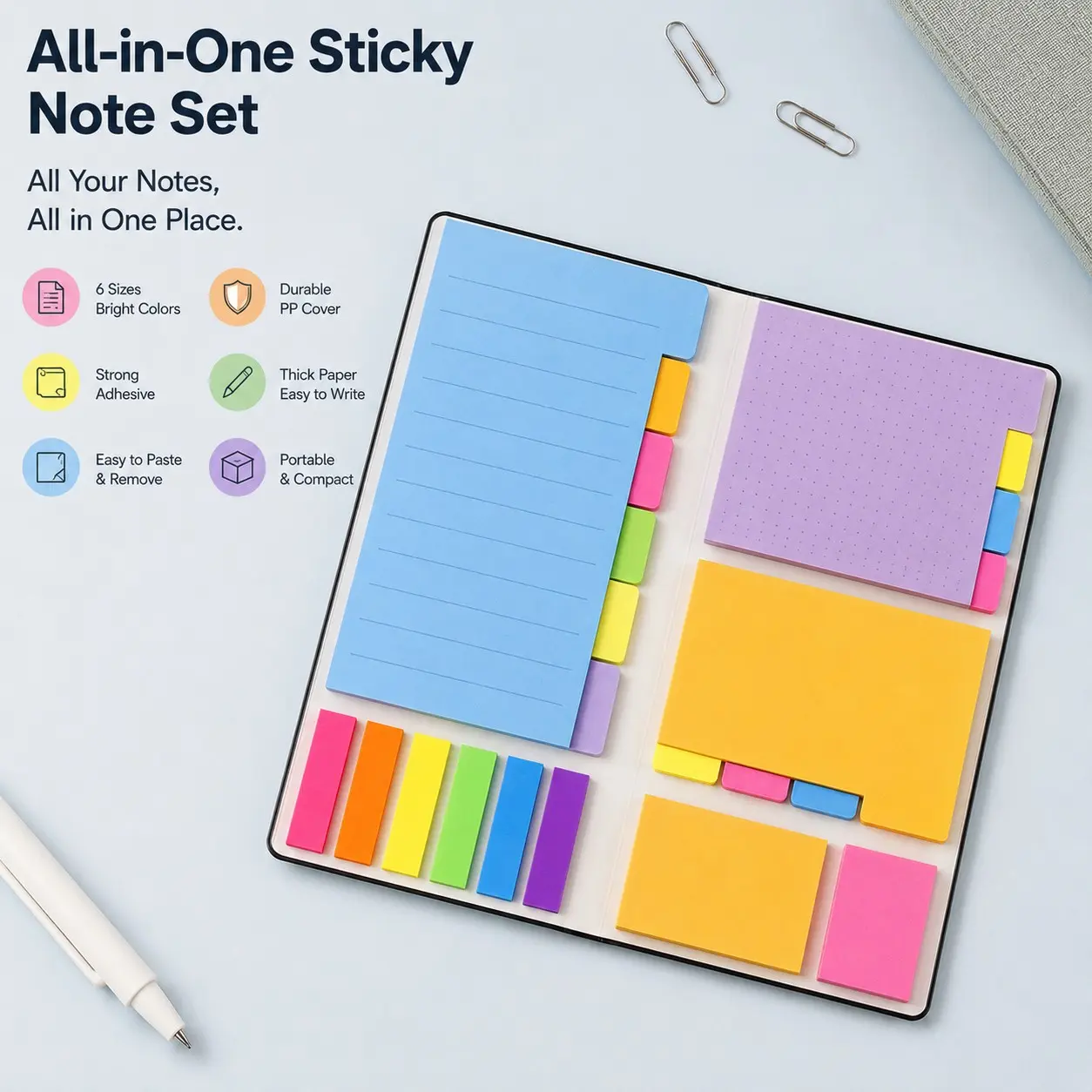 Sticky Notes & Index Tabs Set, Colorful Self-Stick Memo Pads with Lined, Dotted & Blank Notes, Page Flags for School, Office, Study, Journaling, Planning and Organization