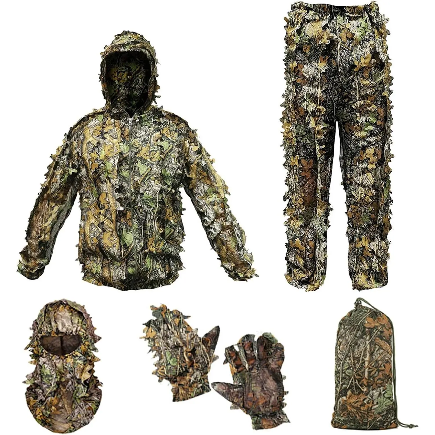 3D Leaf Lifelike Ghillie Suit Lightweight Breathable Camouflage Hunting Clothing with Hood for Outdoor