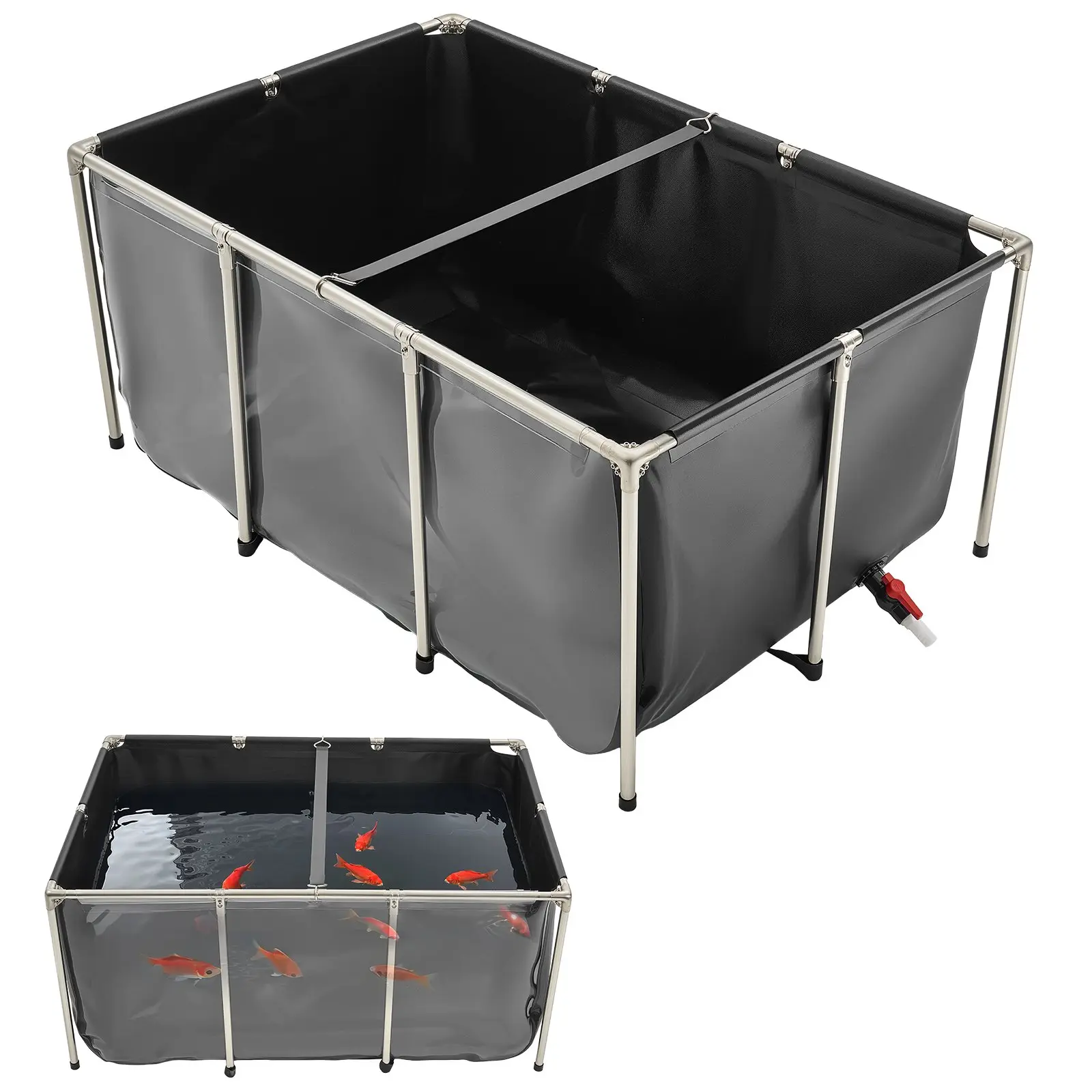【DealsForYouDays】VEVOR Canvas Fish Pond, 270 Gal Above Ground Fish Pond, PVC Koi Tank with Clear Viewing Panel, Rectangular Goldfish Tank with Stainless Steel Frame Drain Valve, for Breeding Koi, Irrigation(Black)