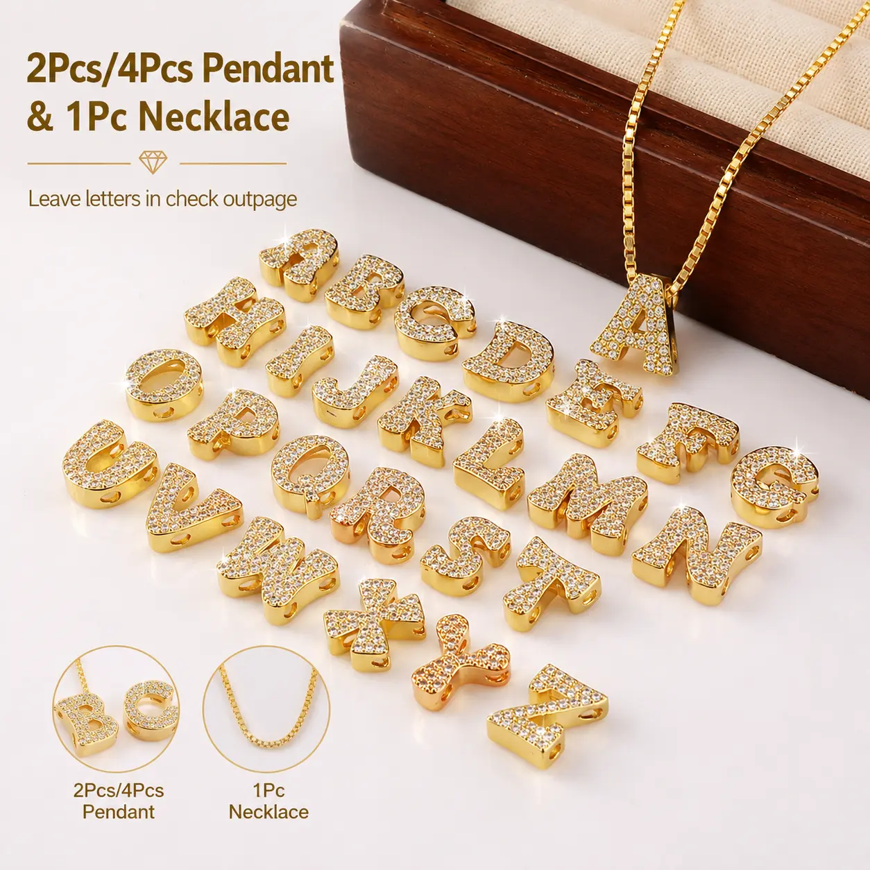 2Pcs/4Pcs Trendy Initial Pendant, 14K Gold Plated Personalized A-Z Initial Pendant Necklace Custom Shiny Cubic Zirconia Letter DIY Accessories Couple Jewelry Charm Handmade Pendant Set