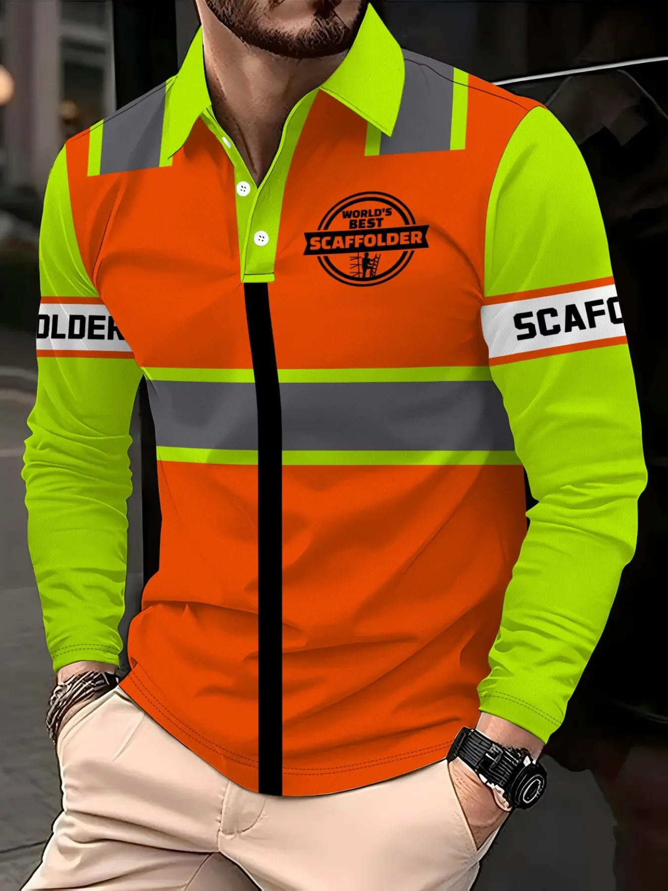 Men's Fluorescent Colorblock Print Long Sleeve Polo Shirt, Casual Slim-Fit, Perfect for Commuting and Outdoor Leisure