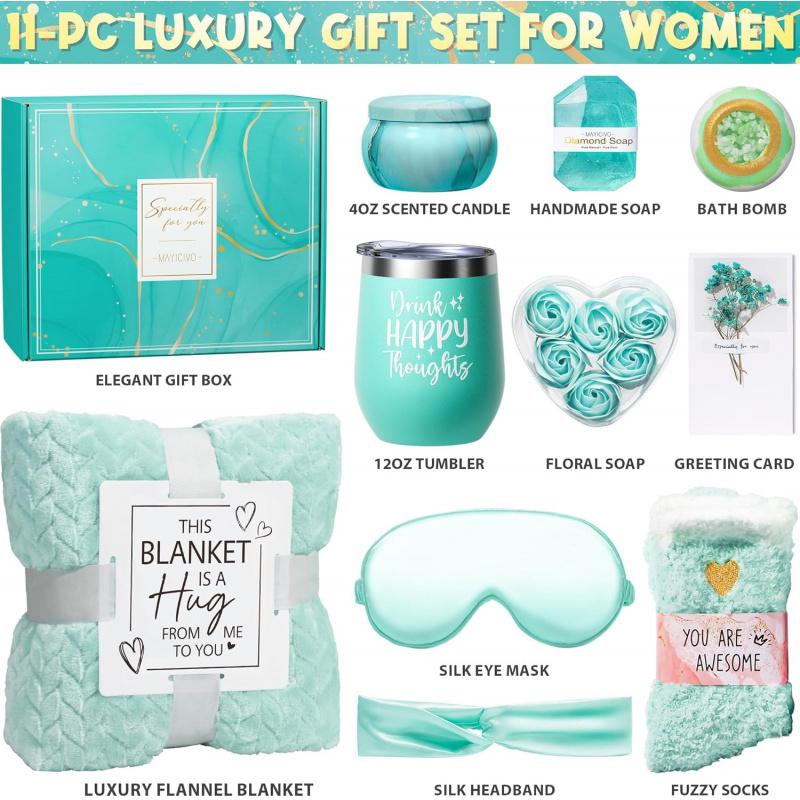 Birthday Gifts for Women Self Care Gifts Get Well Soon Gifts, Ocean Relaxing Spa Gifts Basket Care Package w/ Luxury Flannel Blanket, Christmas Gifts Idea for Mom Her Friends Sister Wife