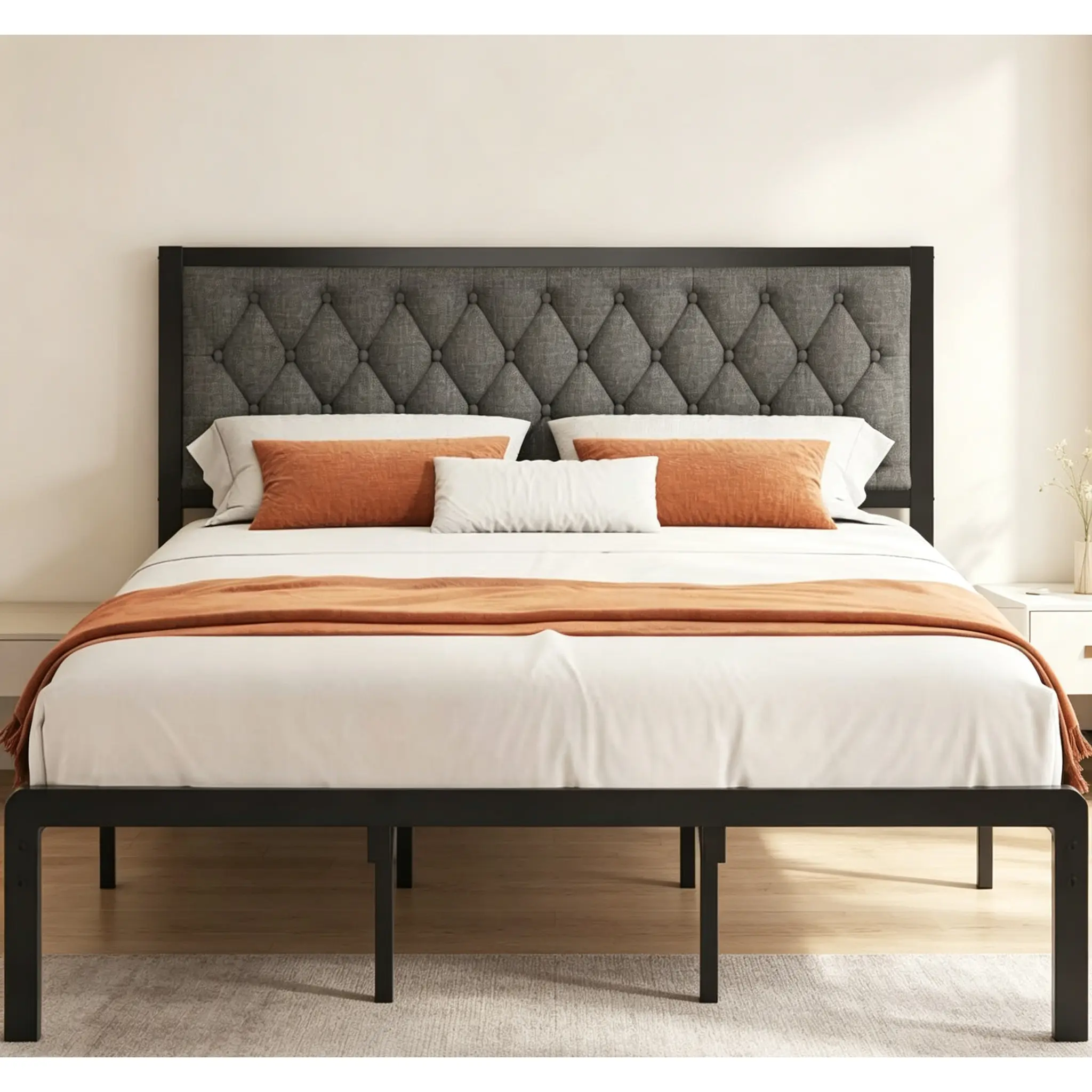 Metal bed frames with upholstered headboards, including queen beds, king beds, full-size beds, single and double beds, with under-bed storage space, an all-metal support structure, no box spring required, noise-free design, easy to assemble, grey version