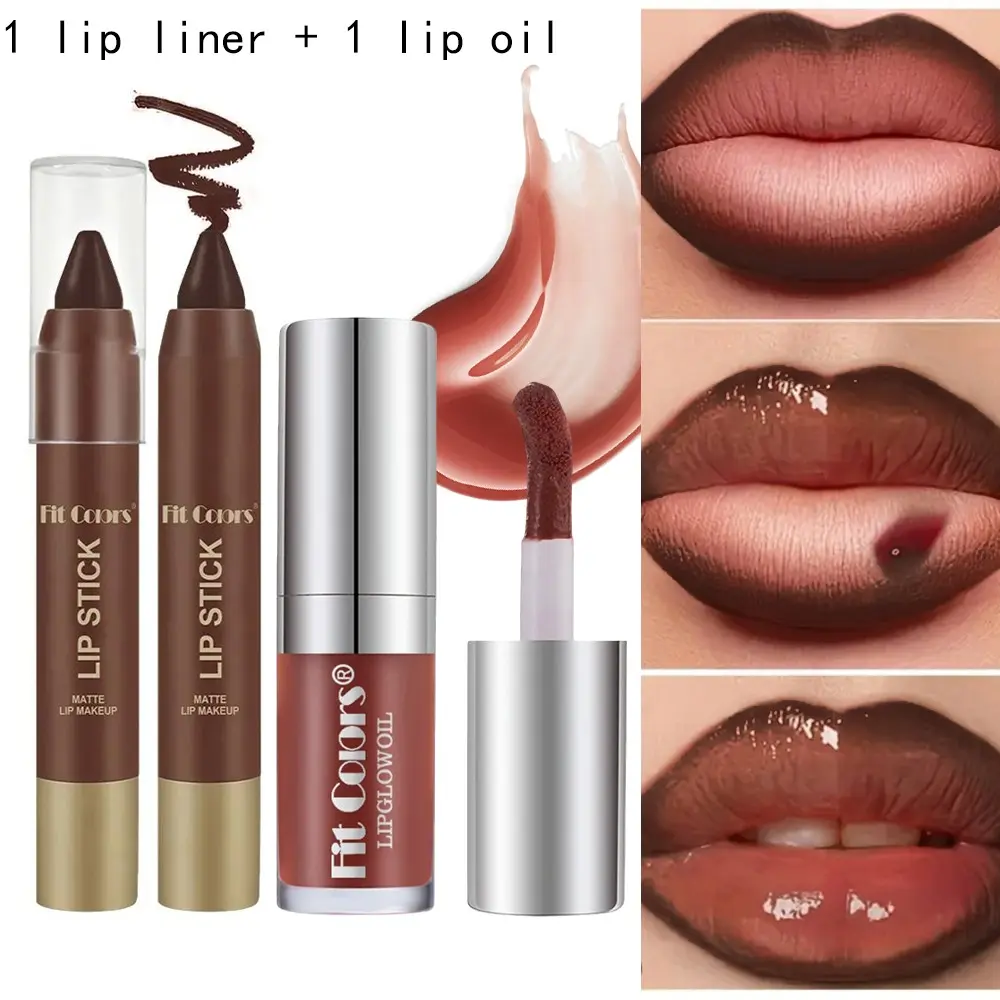 Fit Colors Matte Lip Liner Lip Bullet and Moisturizing Pearl Lip Oil Set, Natural Nude Glossy Lip Makeup, Long-Lasting Hydration Gift