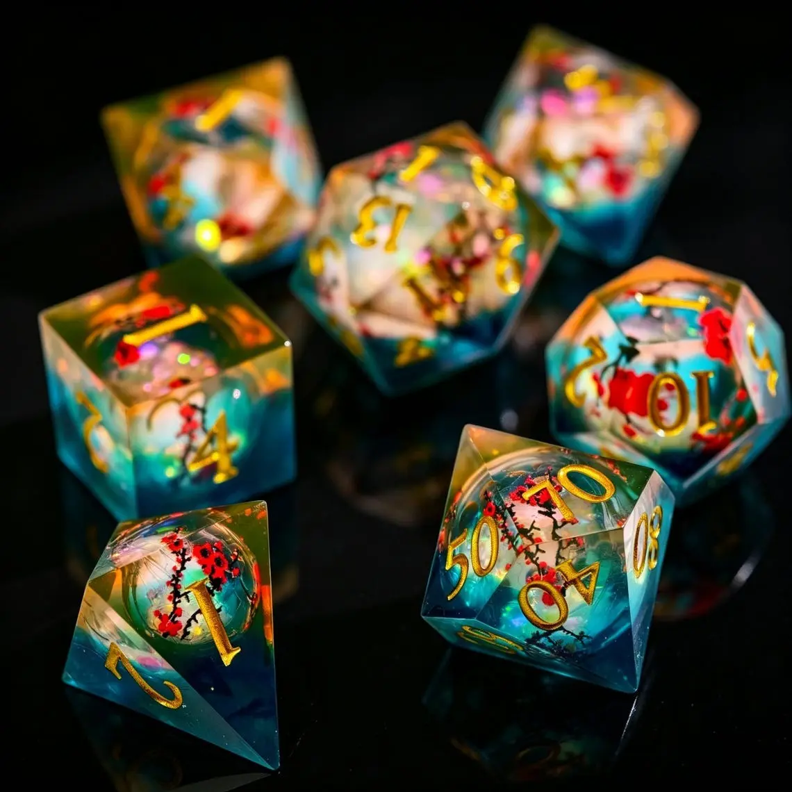 Gradient Blue Base Plum Sand Resin Dice Set, Handmade Sharp Edges, Liquid Core, Compatible with D&d, Coc, Traditional Fantasy Board Games