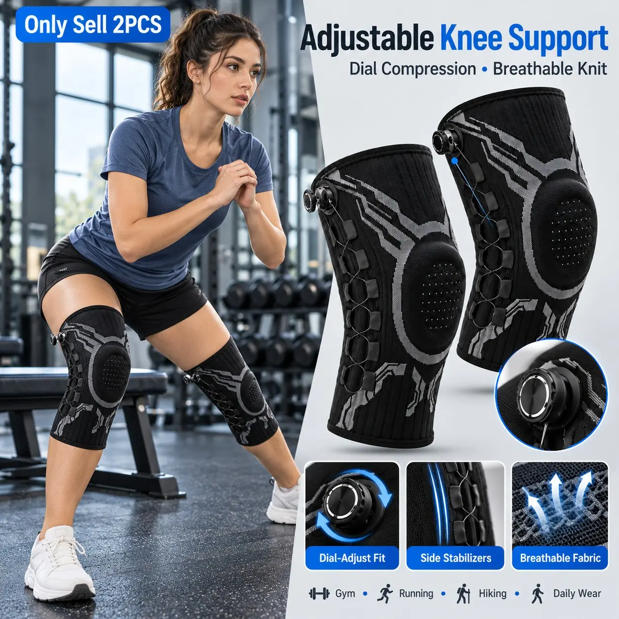 2 PCS Athletic Knee Brace, Adjustable Dial Compression, Multi-Size Breathable Fabric Knee Support Sleeve with Side Stabilizers for Adults, Running, Gym Workouts, Cycling, Hiking, Basketball, Tennis and Daily Wear