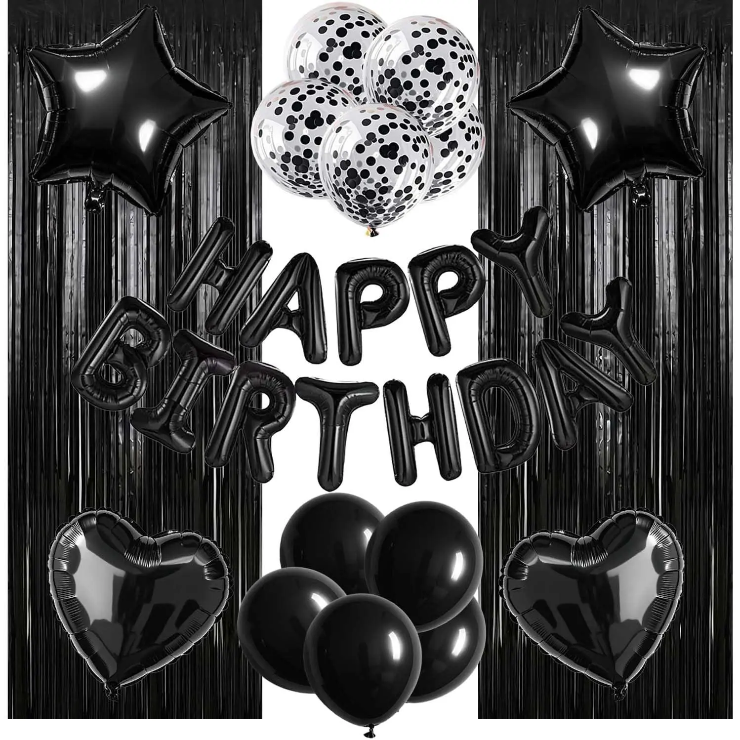 29 Pcs Black Birthday Party Decorations - Happy Birthday Balloons Banner, Heart & Star Foil Balloon, Confetti & Latex Balloons, Foil Fringe Curtains Party Supplies for Men