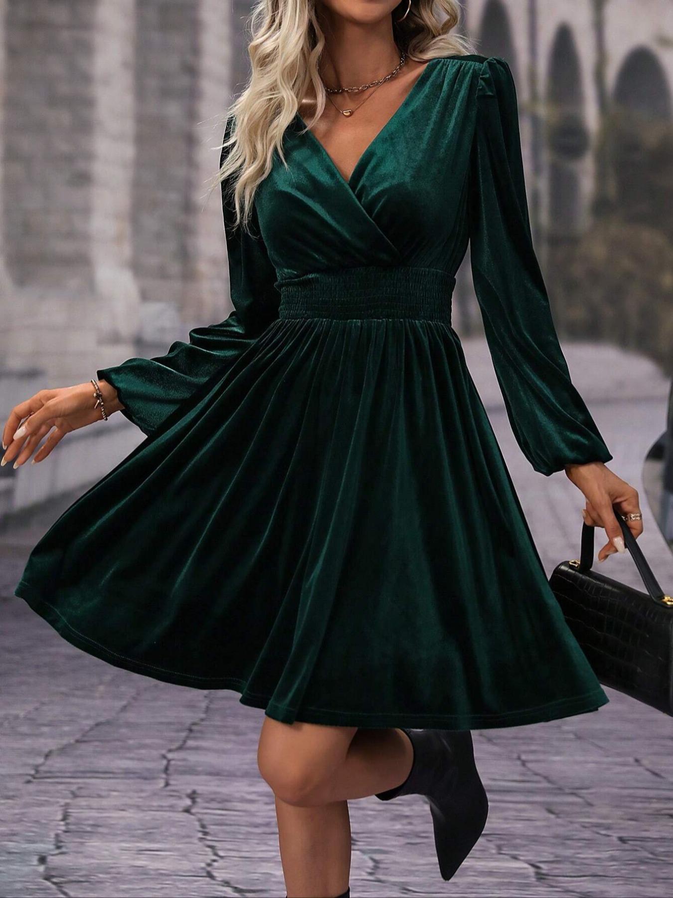 Women's Velvet Satin Dress, Waist Cinched Lantern Sleeves, Slimming Design, Party Wear, High-End Feel, Spring & Fall Fashion