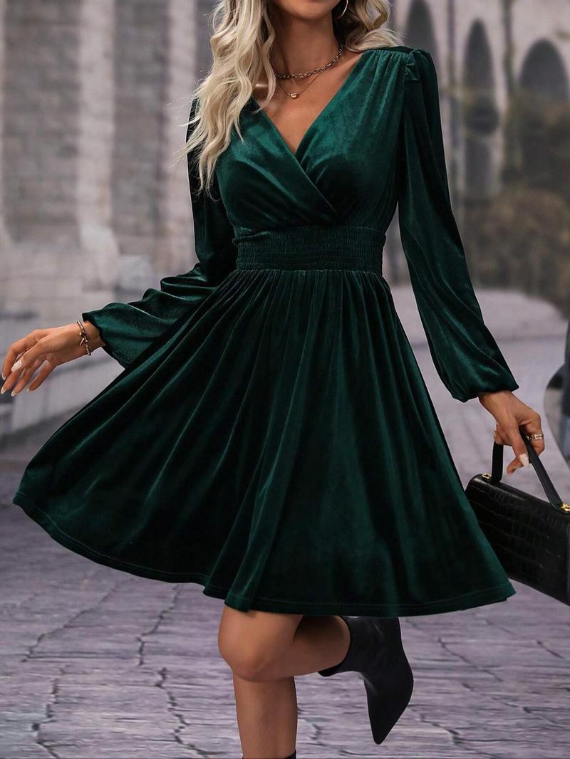 Women's Velvet Dress, Waist Cinched Lantern Sleeves, Slimming Design, Spring & Fall Thick Party Dress, High-End Holiday Gathering