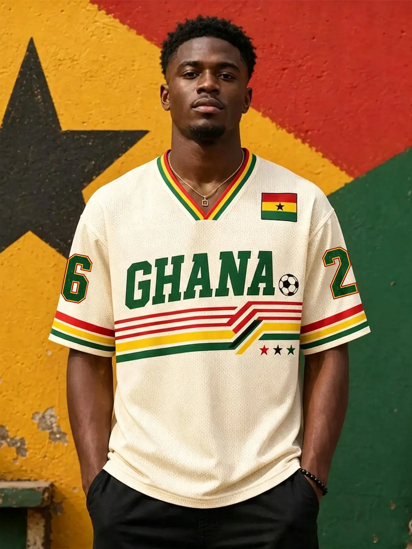 Off-white GHANA Ghana Flag Digital 26 Football Stripe Men's V-Neck Sports Jersey Striped Soccer Shirt