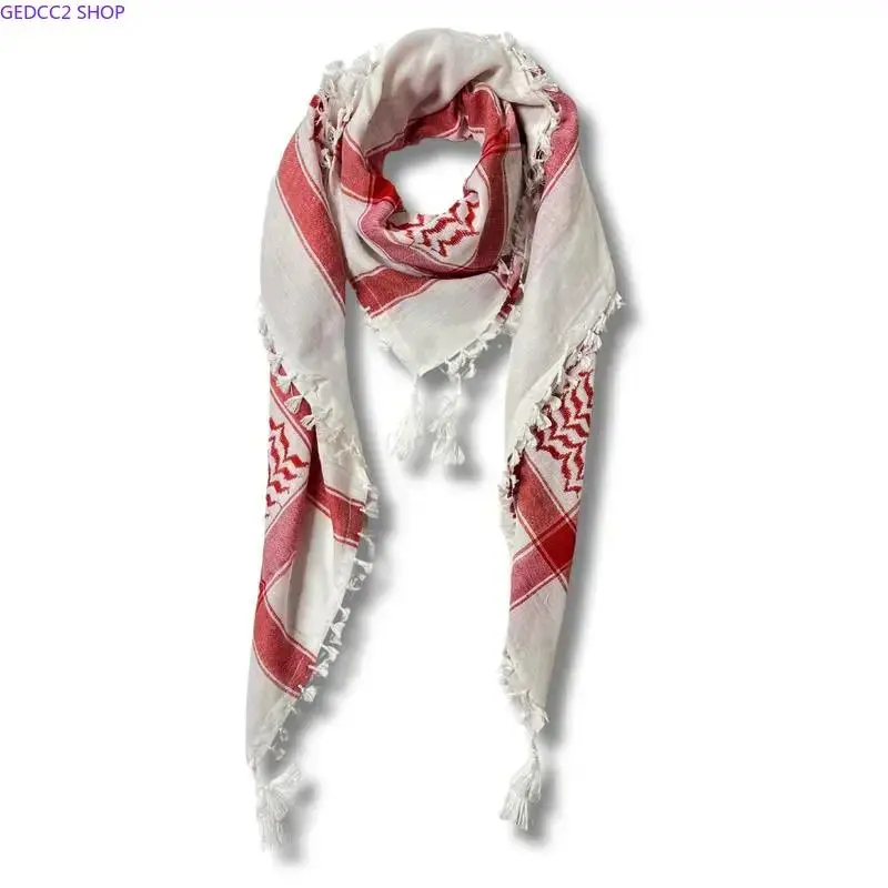47x47in Authentic Palestinian Cotton Keffiyeh Scarf, Handmade Sharshoba Embroidered Shawl with Fringe Tassel Trim Machine Washable Cultural Wrap