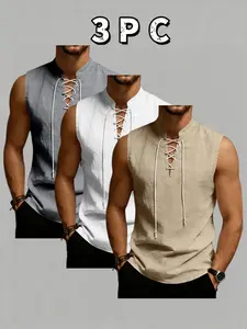 Men's 3-piece linen tie-front crew-neck sleeveless shirt t-shirt, cool and breathable, casual medieval Viking style, summer beach wear, men's outdoor sports vest, simple trendy fashionable men's clothing