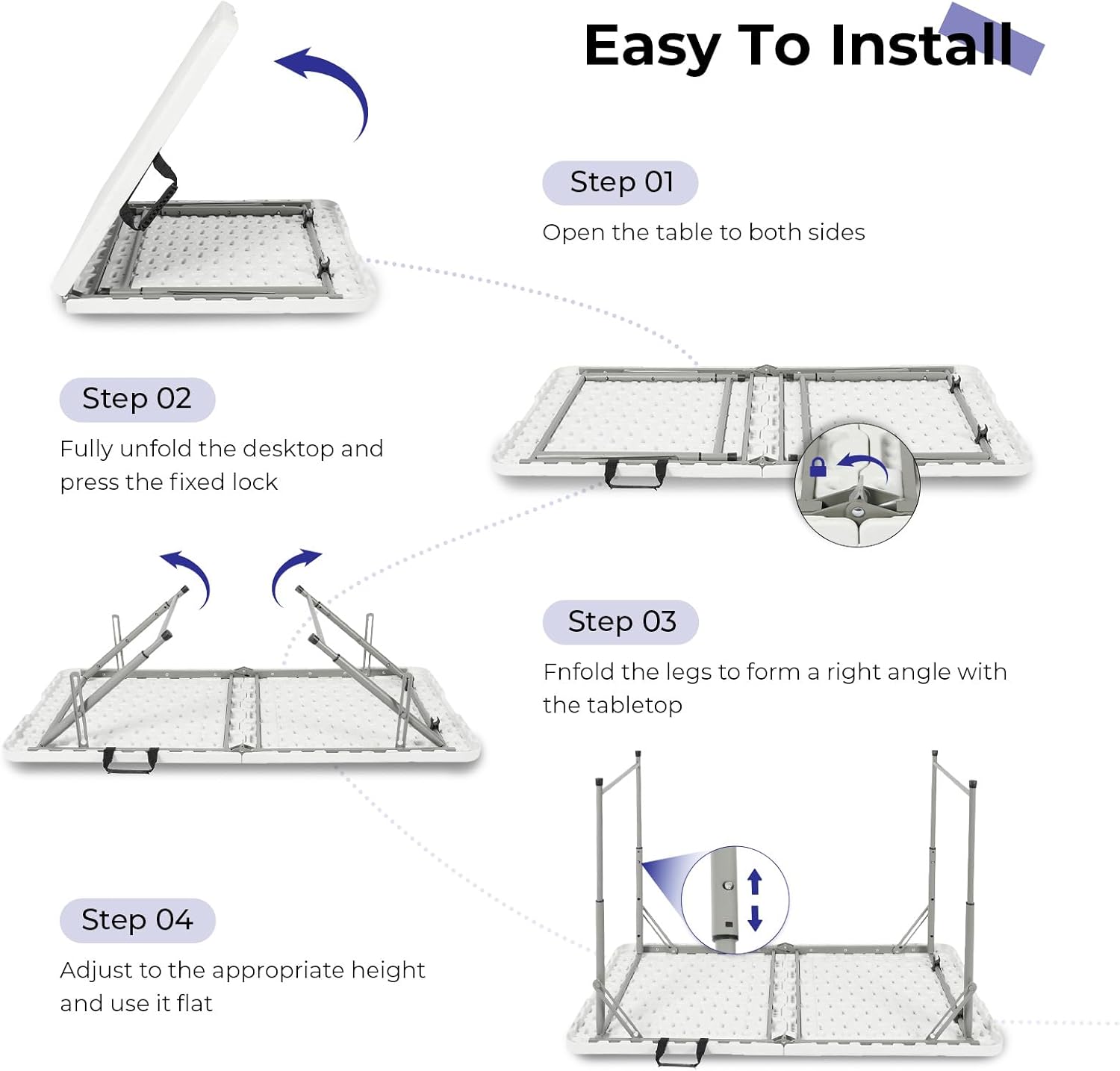Folding Table 4 Foot Portable Heavy Duty Plastic Fold-in-Half Utility Table Small Indoor Outdoor Adjustable Height Folding with Carrying Handle, Camping and Party,White