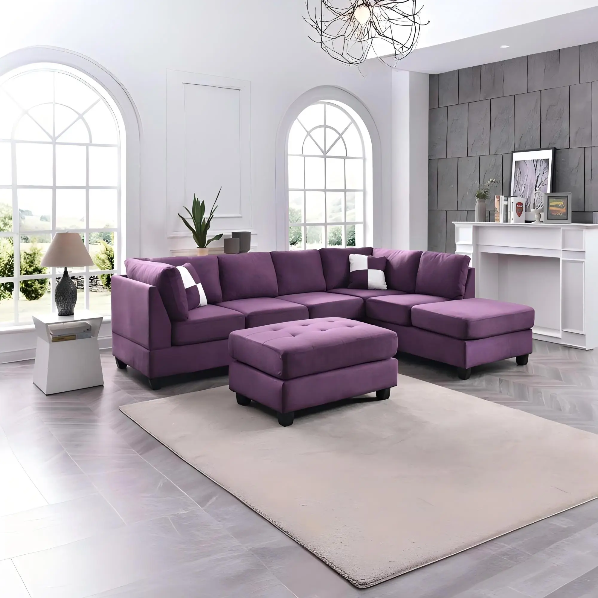 Nokaa Malone Sectional Sofa Without Ottoman Purple 3-Seat Convertible Chaise Lounge Microfiber Upholstered Living Room Couch for Family Room Apartment, Multiple Color Options Available