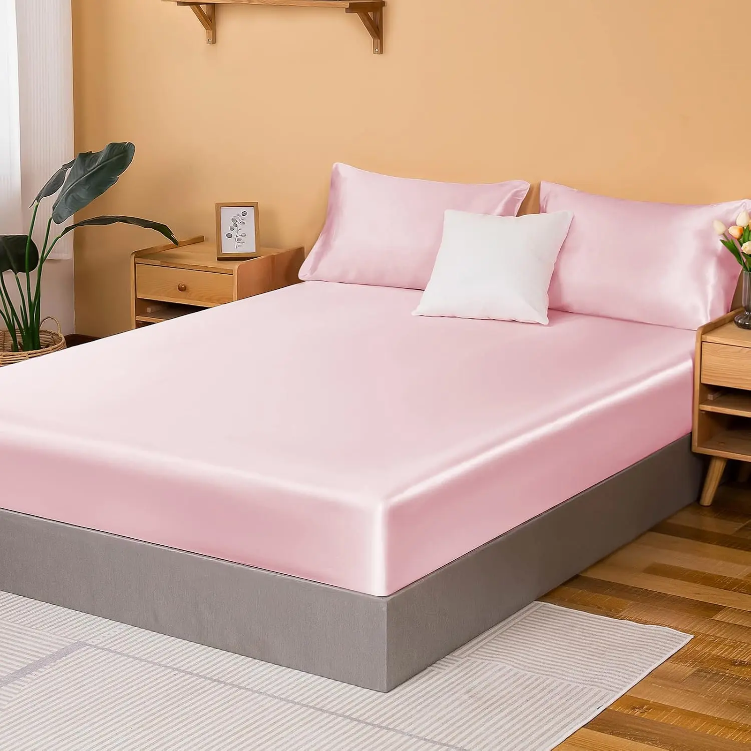 Fitted Sheet Only Twin, Bottom Sheets, Pink| Gentle On Hair And Skin, Deep Fits Up To 15 Inches, Elastic Straps For Snug Fit, Machine Washable, Wrinkle-Resistant