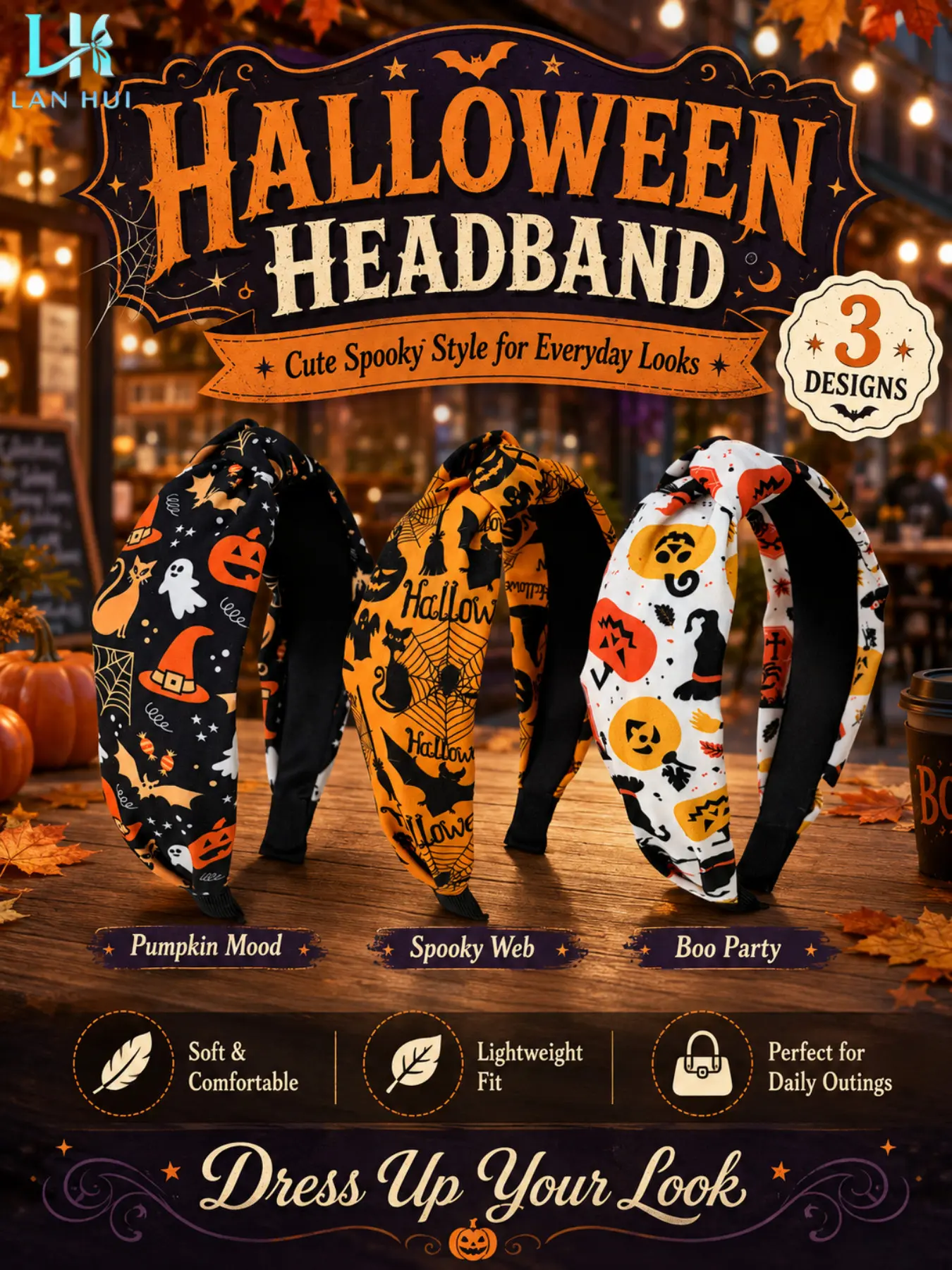 3 Designs Halloween Knotted Headbands for Women, Pumpkin Ghost Bat Print Wide Twist Hair Bands, Soft Lightweight Hair Accessories for Halloween Party Cosplay