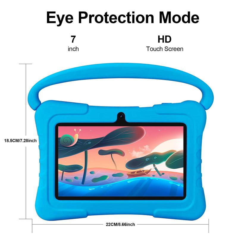 PRITOM K7 7 Inch Android Tablet with Silicone Case, Parental Control Tablet with Dual Camera, Educational Learning Entertainment Tablet with Durable Stand & Handle for Home, School