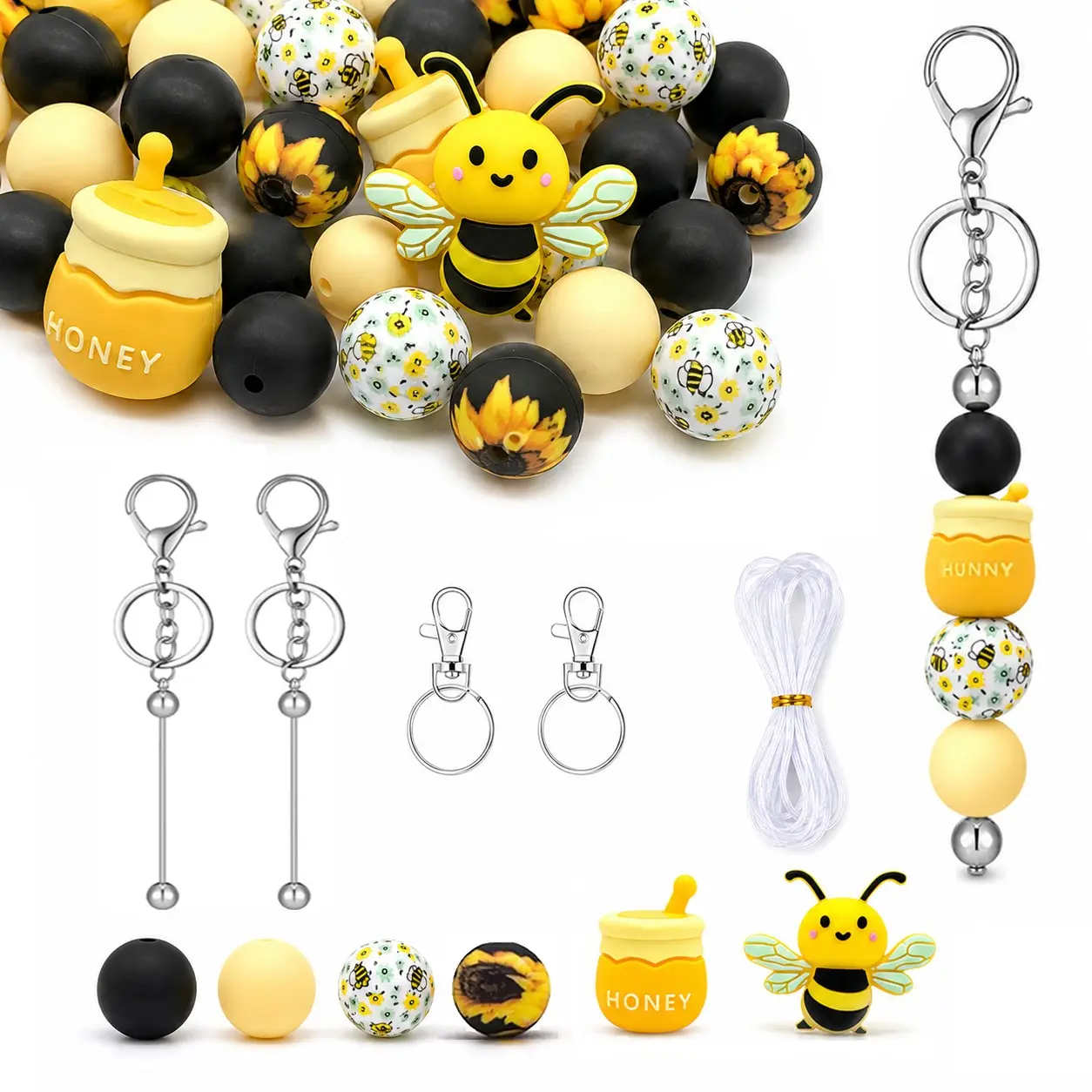 35pcs Bee Theme Silicone Beads Craft Set, 30pcs Beads with 2 Keychain Bars, 2 Clasps and 1 Cord for DIY Bag Charms, Phone Charms, Beadable Pen Decorating, Backpack Decorations, Beading Supplies