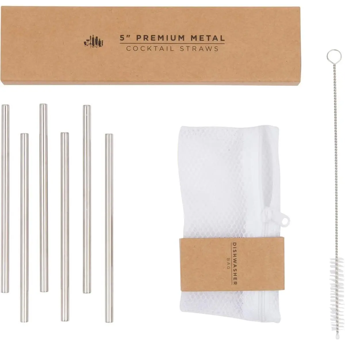 Sturdy Stylish Modern Reusable 5-Inch Stainless Steel Cocktail Short Straws, 6-Pack Bar Accessory Set with Stirring Rods, Cleaning Brush & Storage Bag, Solid