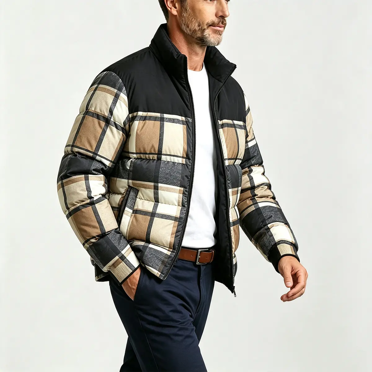 Men Plaid‑Patchwork Stand Collar Puffer Jacket Full Zip Warm Quilted Outerwear Contrast Splicing Design Ribbed Cuffs Side Pockets Loose Fit Winter Coat For Daily Casual Travel Outdoor Cold‑Weather Outfits