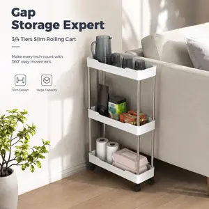 3/4 Tier Slim Rolling Gap Storage Cart, Narrow Mobile Storage Organizer with Wheels for Fridge Gap, Bathroom & Bedroom Narrow Space Storage