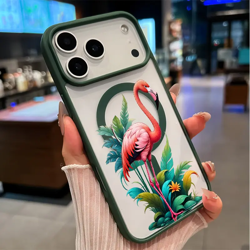 Magnetic Phone Case for iPhone 17 16  Pro Max Plus 15 14 13 12 11 Air E Flamingo in Foliage  Patterned Clear Acrylic Back Shockproof Air-Guard Corners Hard Shell Coverv for Girl