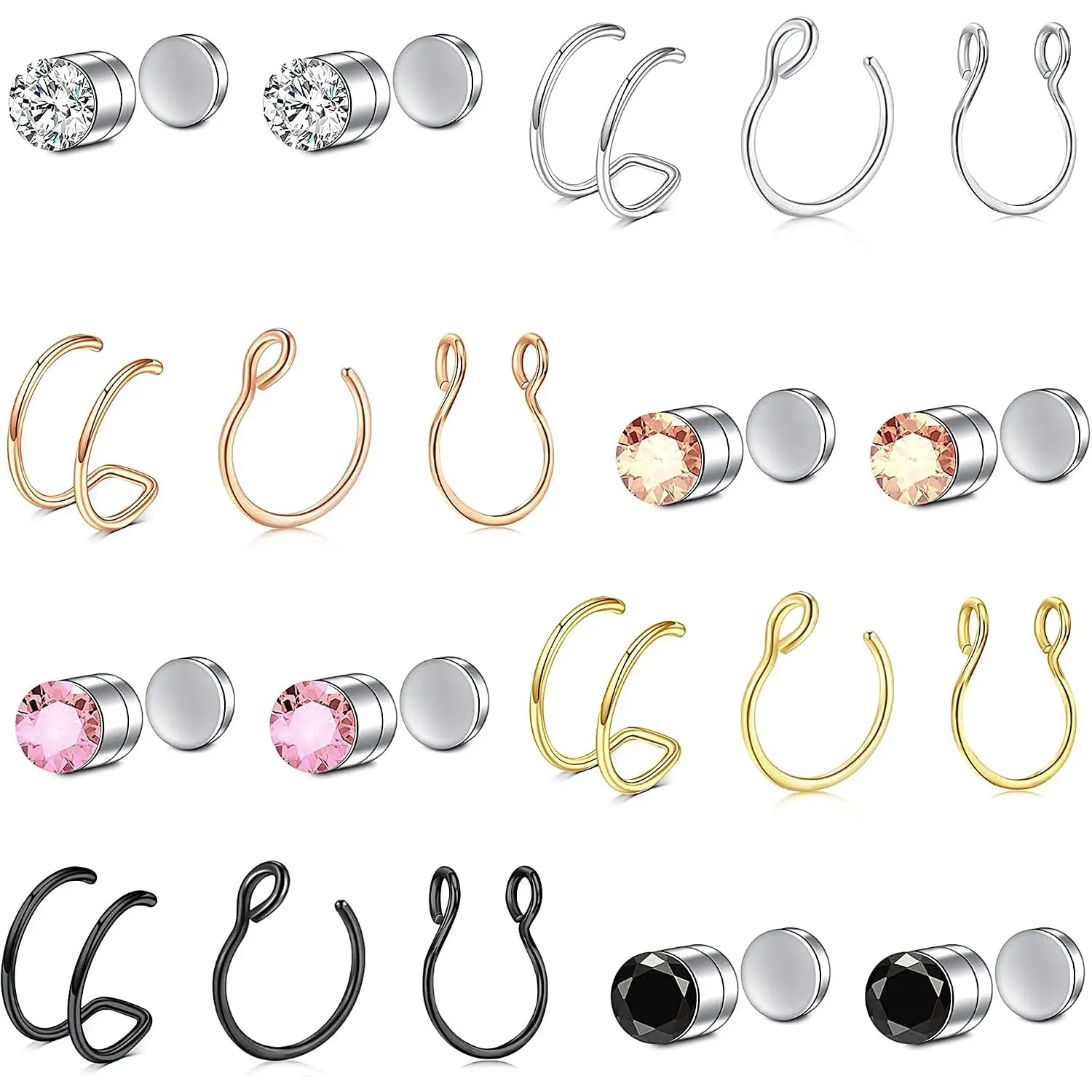Magnetic Fake Nose Ring Set Unisex, No Piercing Clip On Non-Pierced Septum Nostril Helix Jewelry Hypoallergenic Reusable Fake Piercing Accessory Gift for Women Men