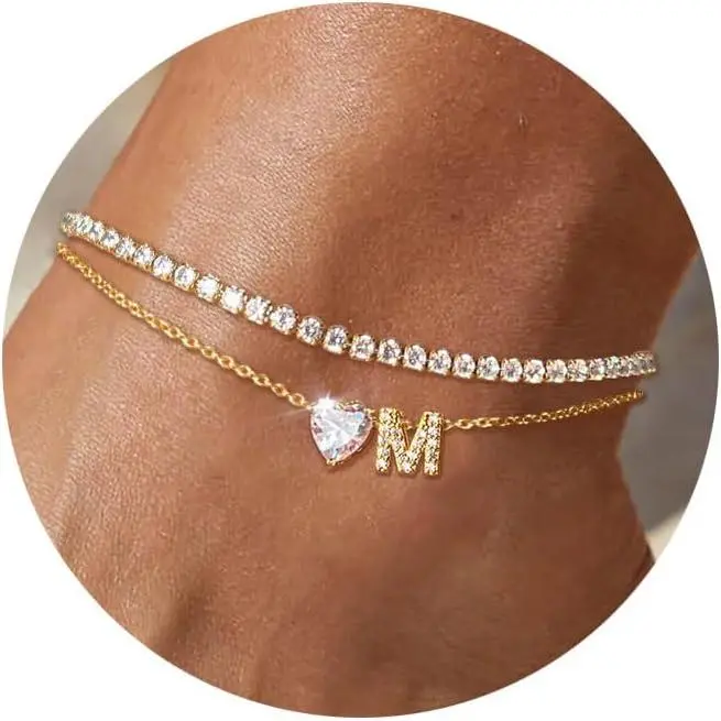 Gold Initial Ankle Bracelets for Women Waterproof 14K Gold Filled Layered Anklets for Women Non Tarnish Women's Anklets Adjustable Large Ankle Summer Beach Foot Jewelry