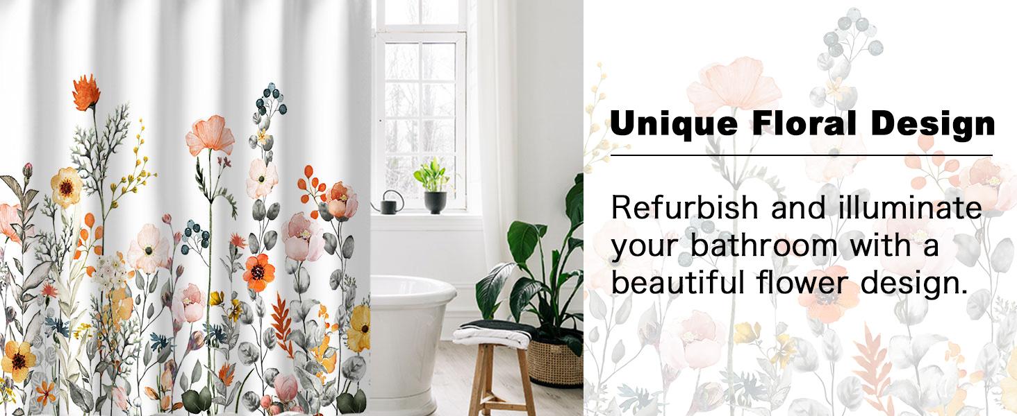 Floral Shower Curtains for Bathroom Flower Pretty Fabric Colorful Wildflower Flowered Shower Curtain with 12 Hooks Decorative Machine Washable, 72" W x 72" H