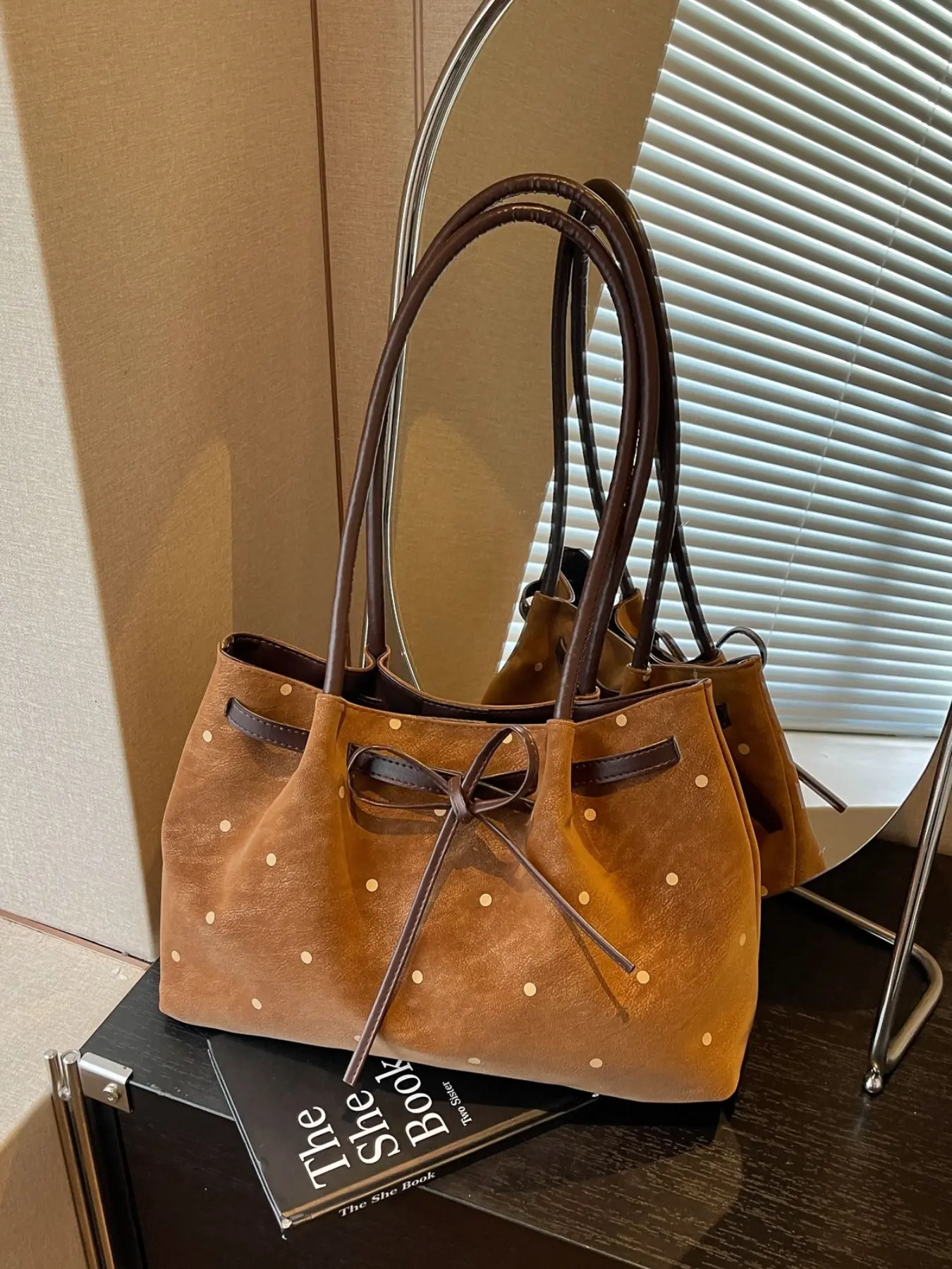 New Vintage Distressed Suede Polka Dot Tote Bag  Four Colors Black Brown Beige Coffee Retro Earth Tone Magnetic Buckle Bow Large Capacity Shoulder Crossbody Bag For Office Ladies