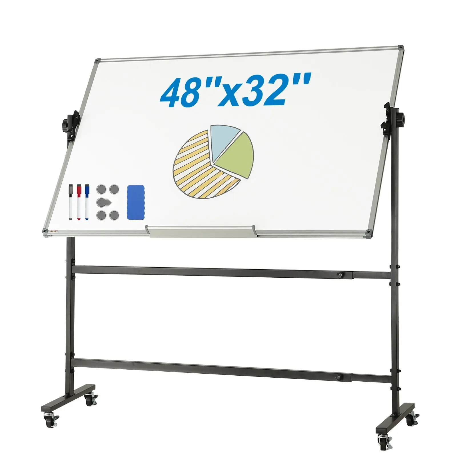 Rolling Whiteboard, 48x32 Inch Double-Sided Magnetic Mobile Whiteboard, 360 Degree Reversible Adjustable Height Dry Erase Board With Wheels And Movable Tray For Office, School, And Conference Rooms
