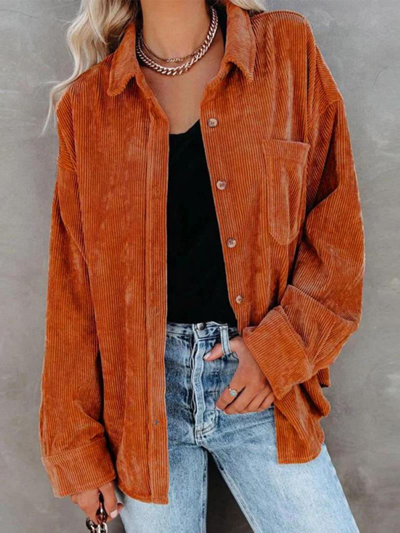 Women's Corduroy Shirt With Pocket, Drop Shoulder Style For Spring & Fall