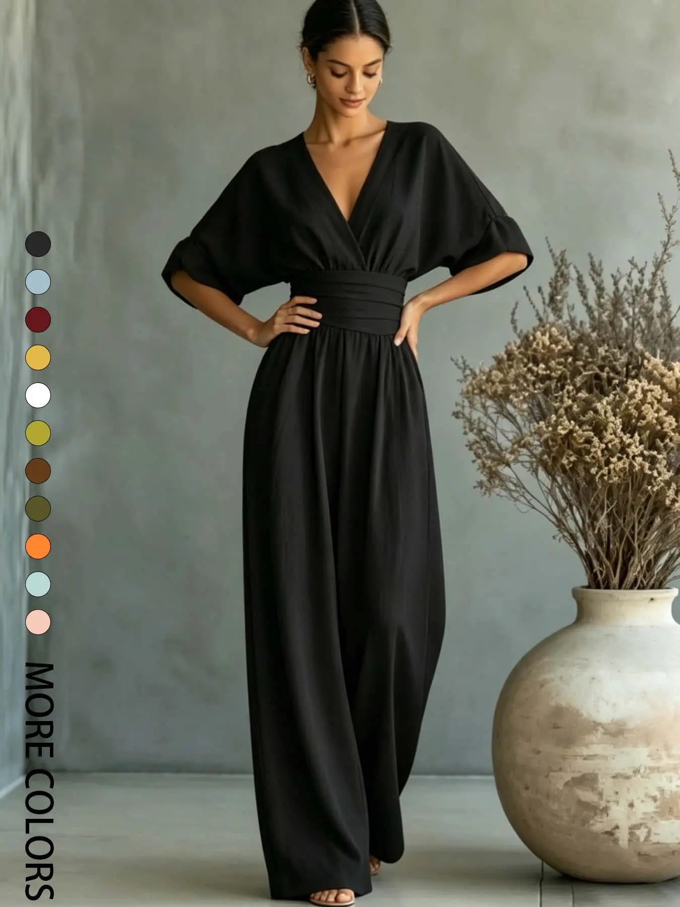 Summer new fashionable, high-end and Elegant V-neck one-piece Plain Jumpsuits wide leg pants with cinched waist for slimming effect. Bubble sleeve design is suitable for daily travel, outdoor lawn banquets, light wedding outfits, afternoon tea, commuting