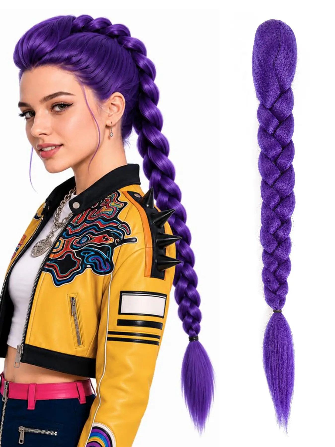 1pcs 24 Inch Rumi Purple Braiding Ponytail Hair Extension with Claw Clip, Pre-Braided Long Synthetic Purple Braid for Costume Cosplay & Halloween