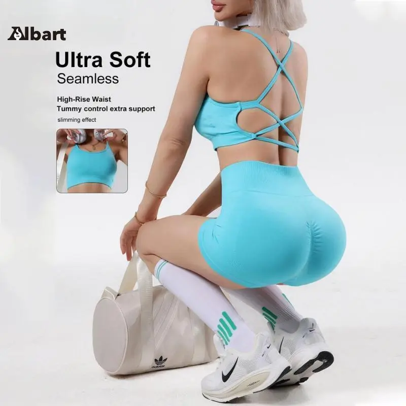 Women 2 Piece Workout Matching Set, Crisscross Strappy Back Sports Bra And High Waist Scrunch Butt Biker Shorts, Multi Color Stretch Athletic Co Ord Set, Booty Lifting Yoga Outfit For Gym Training, Running, Daily Street Casual OOTD
