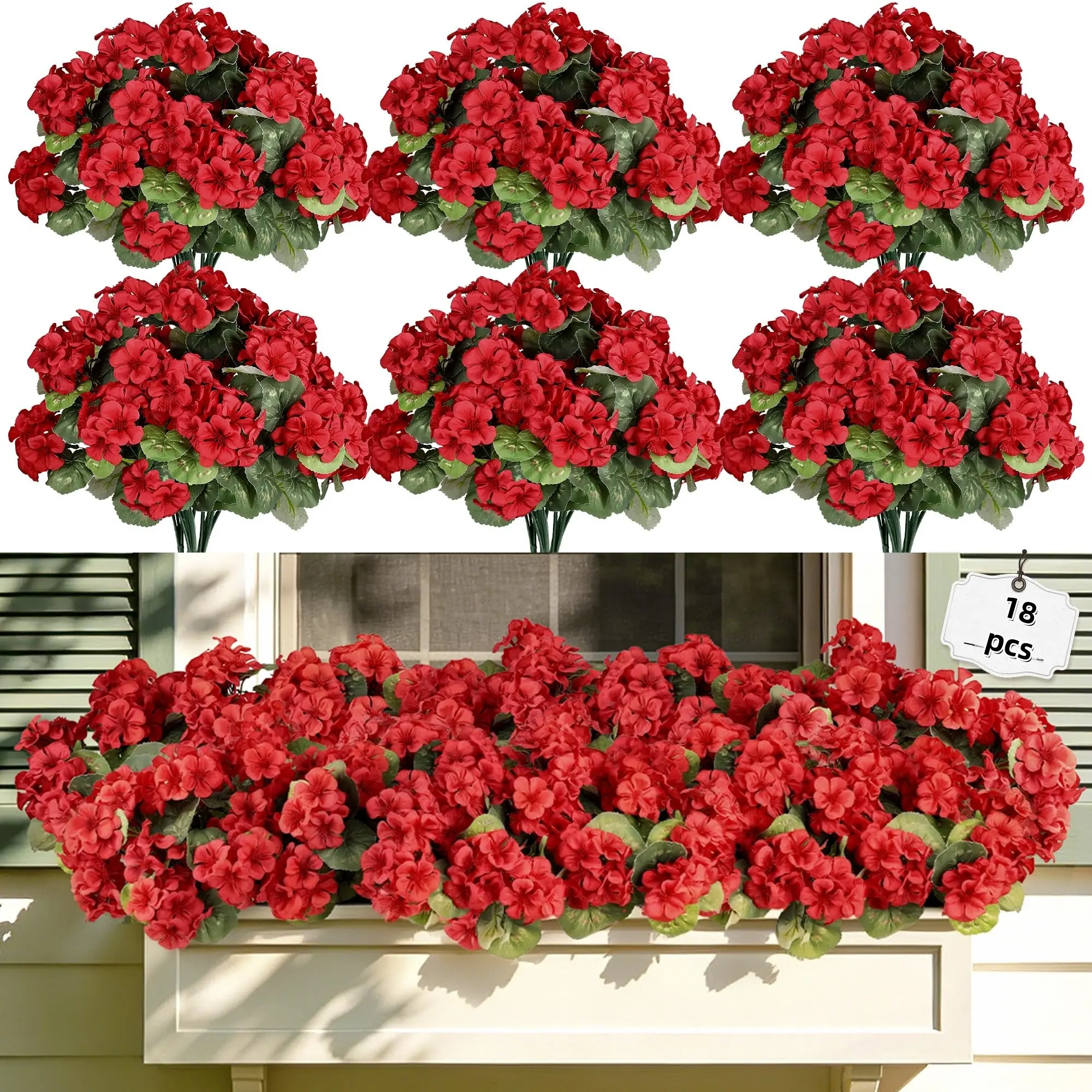 Artificial Flowers for Outdoors, 18 Bundles Realistic Faux Silk Geraniums, UV Resistant No Fade Fake Plants for Garden Decor