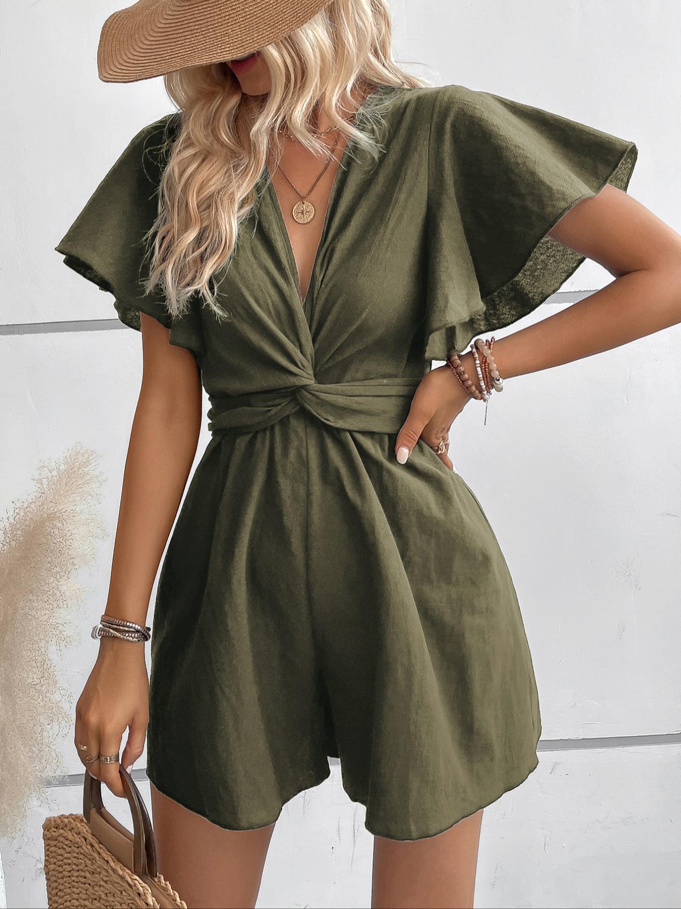 Women's Twist Butterfly Sleeve Romper, Casual Chic V Neck High Waist Wide Leg Jumpsuit, Ladies Summer Clothes for Daily Wear Womenswear Vneck