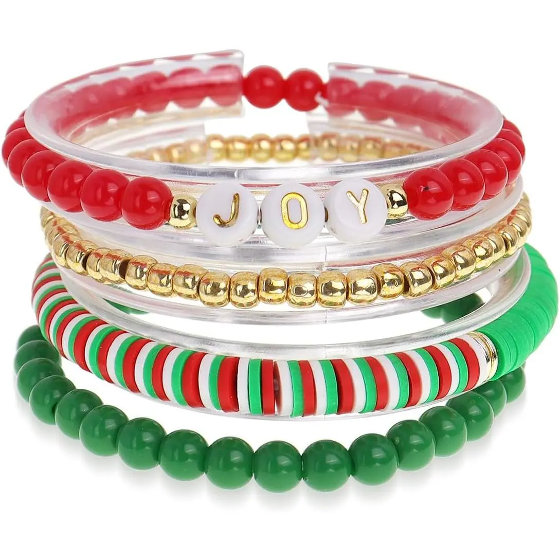 Christmas  Clay Beaded Stretch Stackable Bracelets Set for Women |   Material,  Letter Xmas Bracelets Bulk, Boho Joy White Red Green Ball Holiday